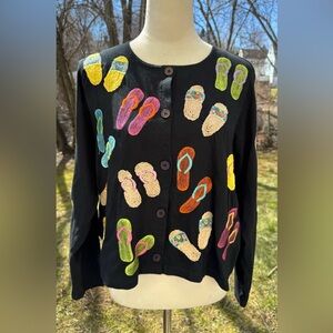Michael Simon Lite Cardigan Womens XL Black Flip Flop Embroidered 100% Cotton